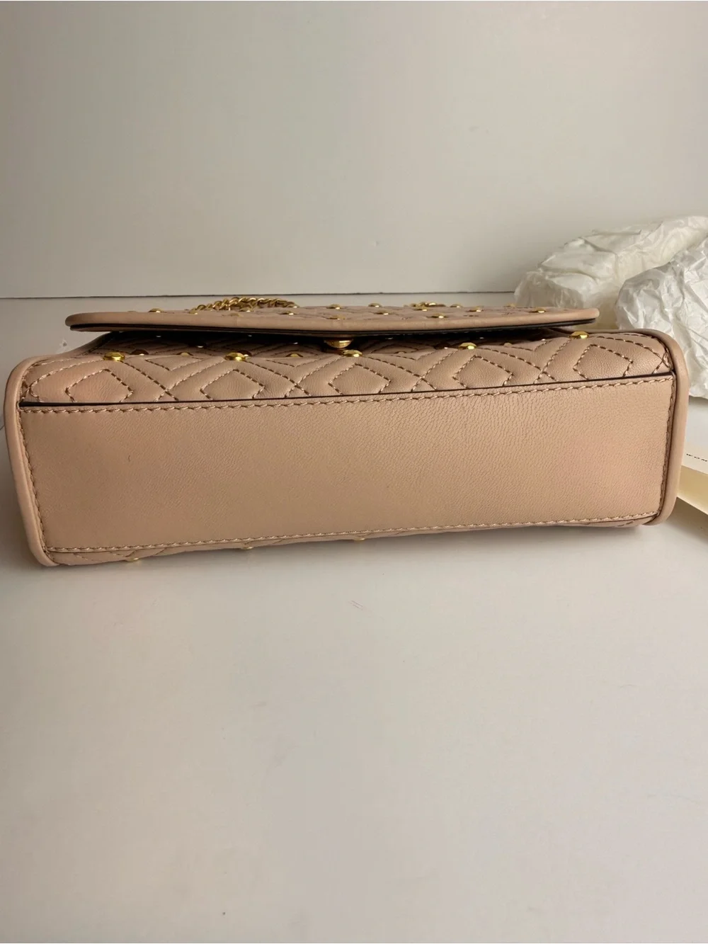 $528 Tory Burch Fleming Stud Small Shoulder Bag Goan Sand Beige Leather 46362